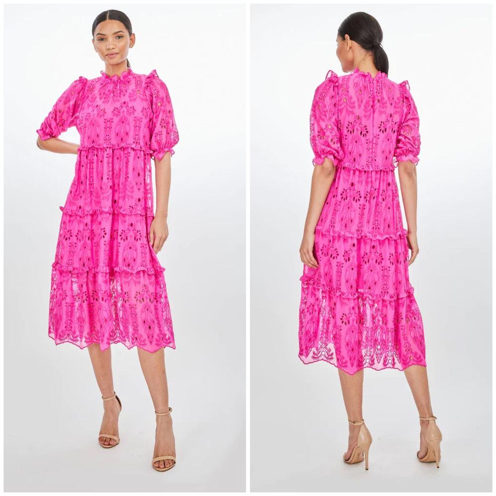 NEW Generation Love Birdie Embroidered Eyelet Midi Dress Hot Pink